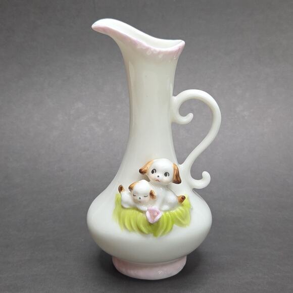 Kato Kogei 5-1/2in Porcelain Bud Vase Puppies Pitcher Small Shelf Desk Decor - Picture 2 of 9